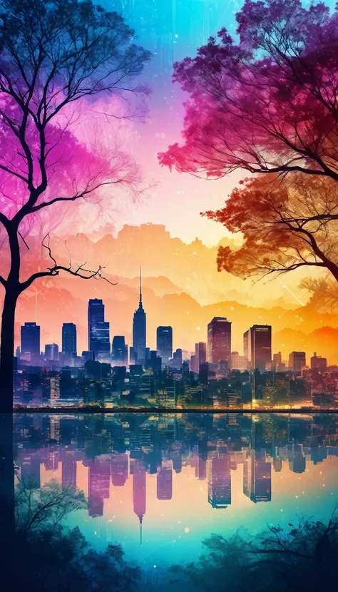 Best Quality,High resolution,Super detailed,Realistic,Double exposure,Mixed Media,Contrast,blend,Transparency,Dreamy atmosphere,Vibrant colors,Detailed contours,Cityscape,Natural elements,City silhouette,tree々and buildings,hybrid,City and Nature,seamless b...