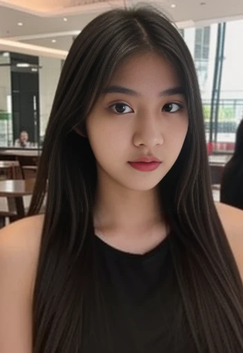 Cute Girl, twenty years old, sexy body, mad indonesian face, brown skin, innocent, angry, sharp eyes focus, at the cafe