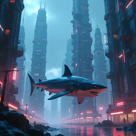 a surreal cyberpunk cityscape with towering buildings made of cryptocurrency charts, a massive futuristic shark swimming through the cityscape, digital cityscape, cinematic lighting, dramatic shadows, neon lights, glowing cyber elements, 8k, high resolutio...