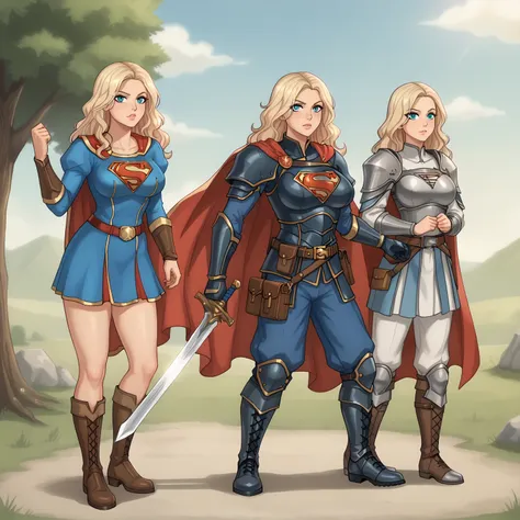 supergirl paladin warrior in paladin clothing, voluptuous body, medieval, isekai, long wavy hair, split hair style, full armor w...