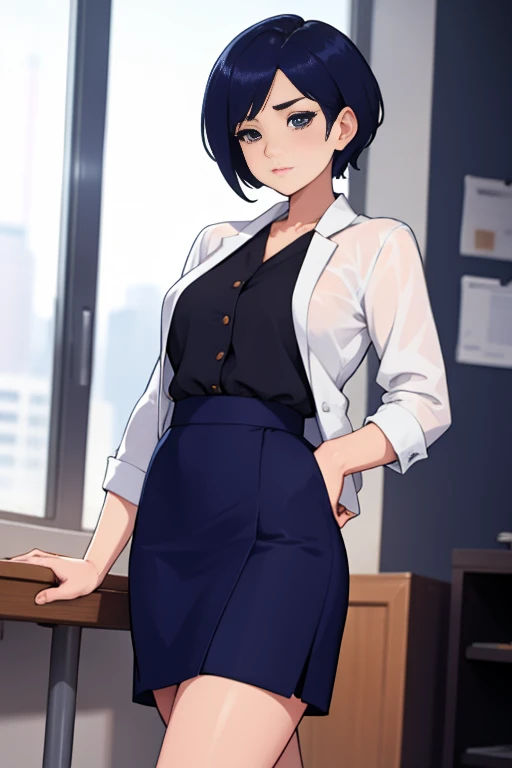 a career woman, 3, wearing a suit、hairstyle: short hair permanent、underneath is a tight navy blue skirt