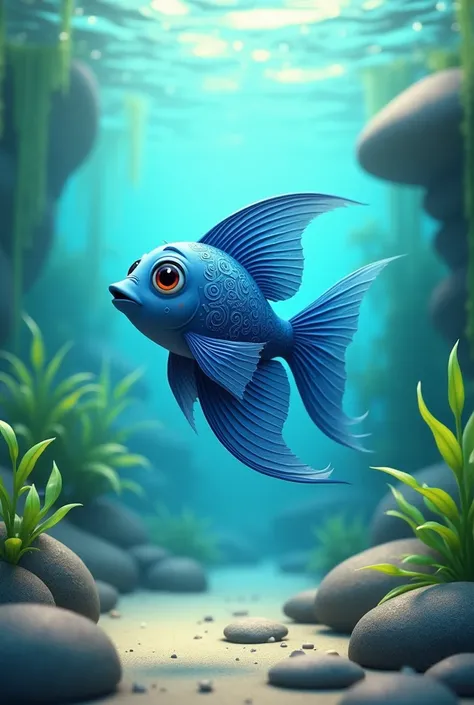 make a picture with a size of 1:1 with a picture that resembles Disney Pixar in the form of a guppy fish containing carvings of the Balinese area with a clear water background with lots of water plants and rocks under the water fish color blue 