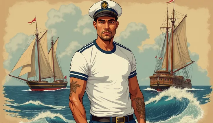 The 1950s image depicts a man wearing a white t-shirt with navy blue stripes and a sailor&#39;s cap. The background of the image features nautical motifs such as sailboats and waves, creating an atmosphere linked to the nautical and sailing theme. a-young-...