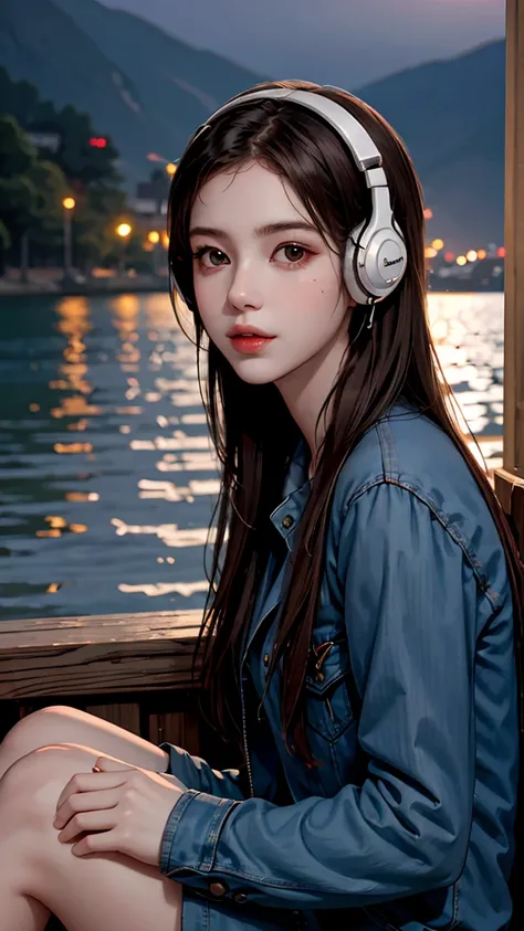 sexy girl , beautiful detailed face, sitting by a lake, headphones on, listening to music, scenic lakeview in background , cinem...