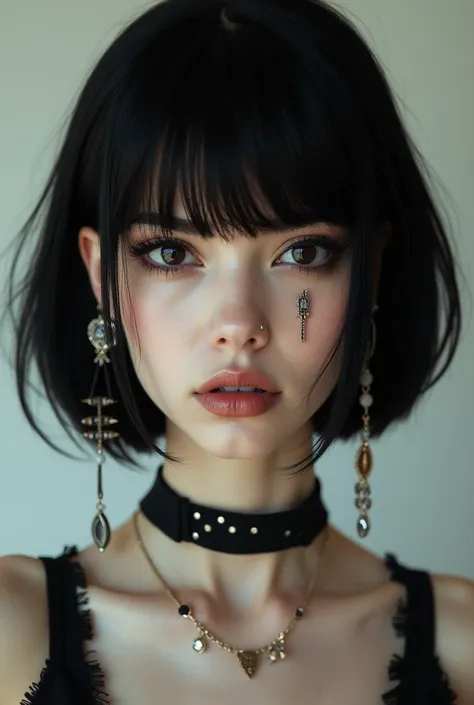 Create the look of a black-haired woman with bobbed bangs, with very dark and striking eyes, white, Bullish, thin, with piercing in the left corner of the mouth, no septum, lots of earrings on the ears and a beauty mark under the mouth