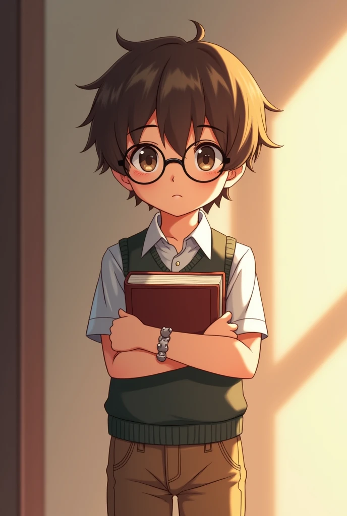 anime, a boy with chin-length brown hair,brown eyes, Wearing glasses, wearing a shirt and vest outside, wearing brown jeans, holding a book showing a shy look