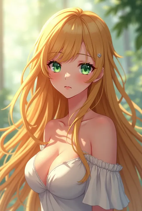 Women with long, wavy golden hair and soft green eyes. She has a graceful figure with a notable large bust, . Anime 