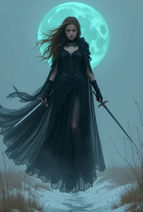 beautiful gothic girl, long sheer gothic dress lace gloves. Lace choker. Long brown hair. Embroidered cloak over the head. Wielding two swords in each hand. Levitating in the middle of a desolate wasteland. With a bioluminescent pantaloon in the background...