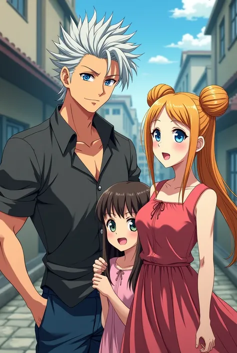 Tall and extremely muscular young man, gray haired in a bad boy style outfit, anime style with her little sister child with straight scarlet hair and 1 blonde woman with long hair and 2 round rolls on top of her head made with her own hair, blue eyes, With...