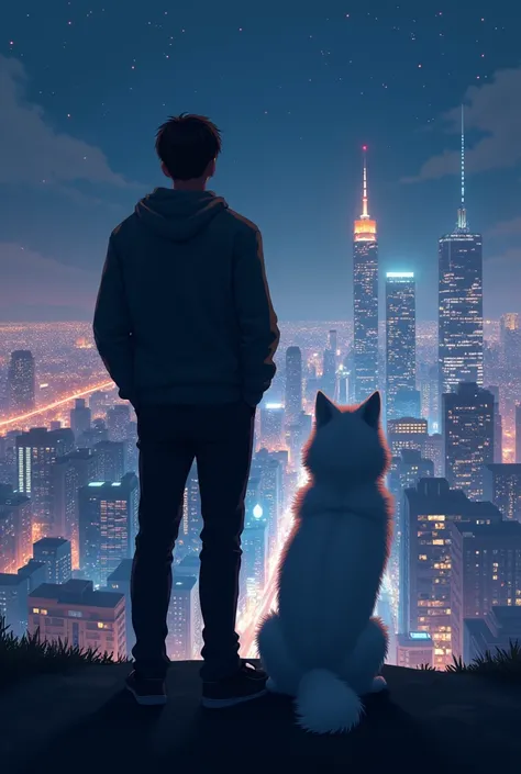 An adult and his dog, a white Akita Inu, with their backs turned, looking at the lights of a bright city


