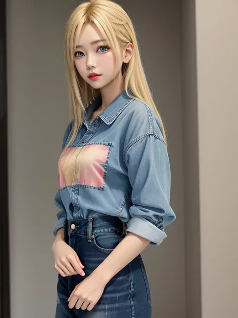 1girl,Blonde Hair, eyes, Rok, Denim