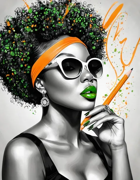 creative logo illustration black and white intricat pencil drawing style of a black woman portrait with afro hair, vivid orange lipstick and vivid safety green cool sunglasses, featuring the word ( SHINY ) in bold fancy font style vivid orange color font w...