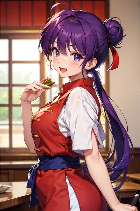 (masterpiece), (sharp focus), (best quality), (perfect details), clean outline, details eyes, detail face, vivid colors, (((solo))), shampoo (ranma 1/2), long hair, Bun hair, blue-purple hair, red-brown eyes, red eyeshadow, ribbon, blush, smile, fair skin,...