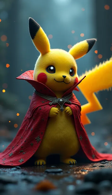 8k, high resolution, super detailed, solo, (Doctor Strange style Pikachu, red cape) short body, late night, dwarf,