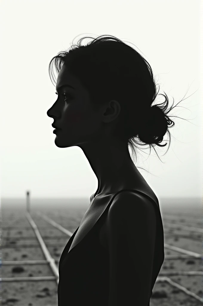 A silhouette of a woman&#39;s face, with empty landscape 