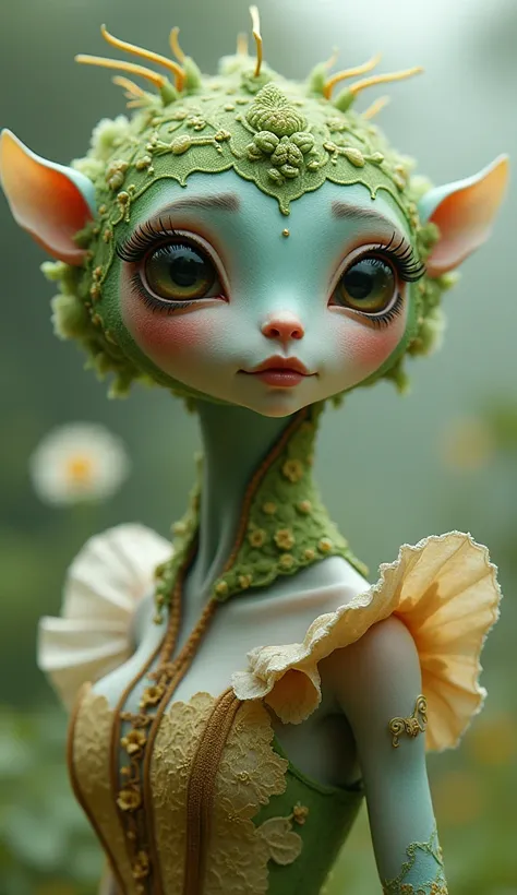 a detailed humanoid field peas, intricate detailed dress, alice in wonderland style, extremely detailed, photorealistic, 4k 8k resolution, masterpiece, beautiful detailed eyes, beautiful detailed lips, extremely detailed face, long eyelashes, whimsical, fa...