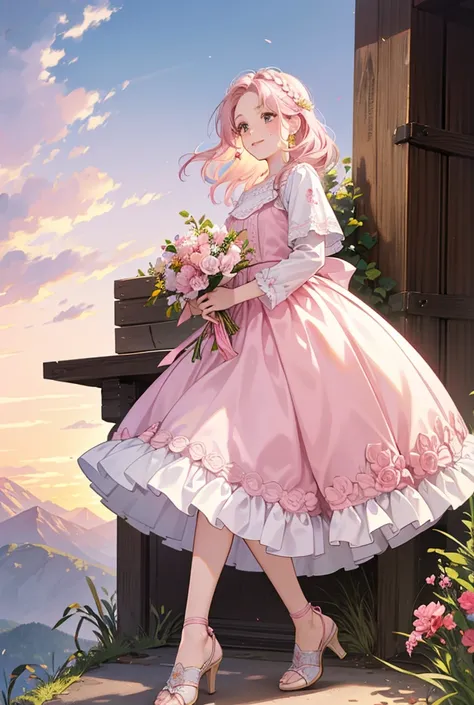 young woman, happy, with a bouquet of flowers, with a ring on the finger, light pink hair, multi-colored hair, blonde, medium length hair, Gradient hair, Braided bundle, brown eyes, moles on the face, white shirt with embroidery and ruffles, long skirt, sh...