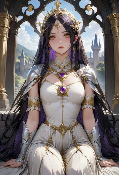 Long smooth straight black hair, inner colored dark-purple hair, golden eyes,sitting in medieval fantasy, masterpiece, super detail, best quality, 8k,realistic