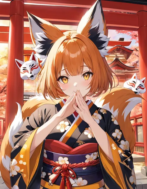 a cool adult woman wearing a kimono and a fox mask、yellow eyes and orange short hair、shrine bon odori background、bold pose、maste...