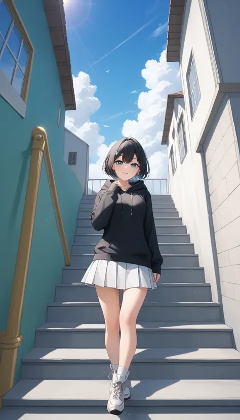 アニメ、((Amazingly absurd)),(masterpiece:1.2),超High resolution, Attention to detail, high quality, High resolution, 最high quality, 4K, 8k、Black hoodie、White Skirt、Black Hair、short hair、cute、Depicting climbing stairs、Stairs to a bright future,Dazzling backgrou...