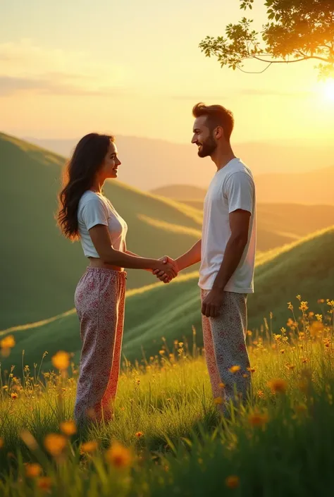 (photorealism:1.2), a very beautiful young woman with a sexy body wearing a tight white t-shirt and patterned pajama pants, shaking hands with a very handsome young man in a cafe smiling sweetly, on the beautiful green hills, enjoy the natural scenery in t...