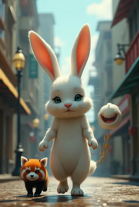 White rabbit in street with a small red panda and jumping, scary face
 