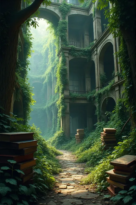 Abandoned library in the jungle, books can be seen 