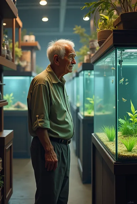 old man buying aquarium 