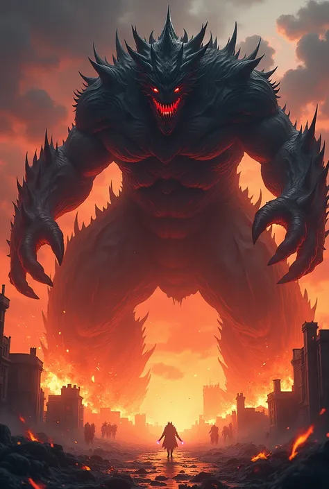 Giant black and red monster, Colossal, Huge, destroying burning castle, spikes all over the body, garras Huges, sharp teeth, robust, 8 ends, Scales, scary, Anime style.