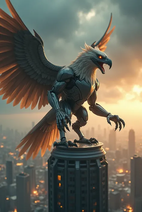 "Render a high-definition 2k image of a muscular robot-eagle hybrid roaring from the top of a futuristic city. The sky above is filled with dark clouds and striking brown lightning, while futuristic flying vehicles navigate through the city below, creating...