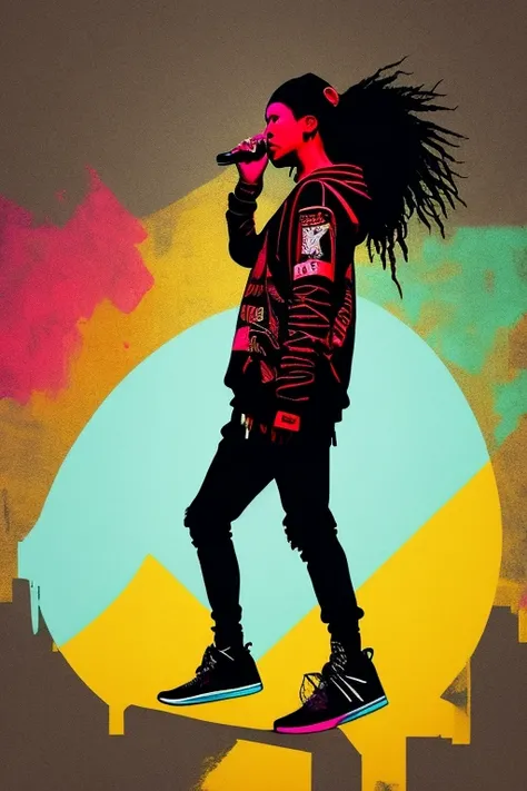 A background filled with scattered musical notes in various sizes and colors、

Creative logo illustration of a silhouette with dreadlocks and red headphones, 
Banksy、
A background completely filled with scattered musical notes in various sizes and colors, ...