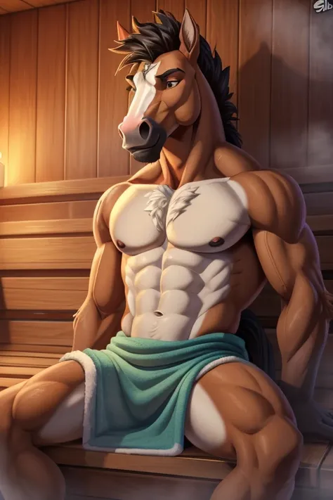 hi-res, good graphics, great anatomy, anatomically correct, solo, male, masterpiece, detailed background, (by shallowwin, xnirox), a horse sitting in a sauna with a towel on his legs