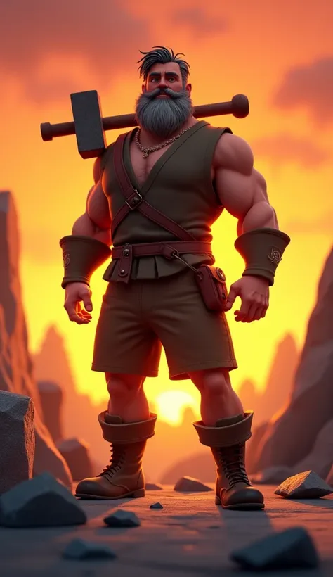   The man standing proud: The stonecutter, now relieved and proud, standing next to the broken rock, his hammer resting on his shoulder. Behind him, a sunset symbolizes hope and achievement. 3d animation cartoon