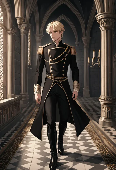 Cute black outfit blonde british prince in a black castle