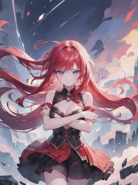 (((One Girl)))、A beautiful  with red hair and folded arms、Bust up shot、Fantasy、The background is a violent thunderstorm、look here