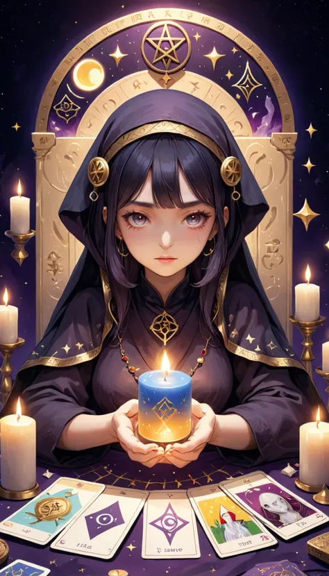 Image Type:figure: The mysterious fortune teller、Use cardboard to read tarot cards, Surrounded by flickering candles and mystical symbols, There&#39;The black cat on my shoulder, Peeking into the future with a mischievous smile.