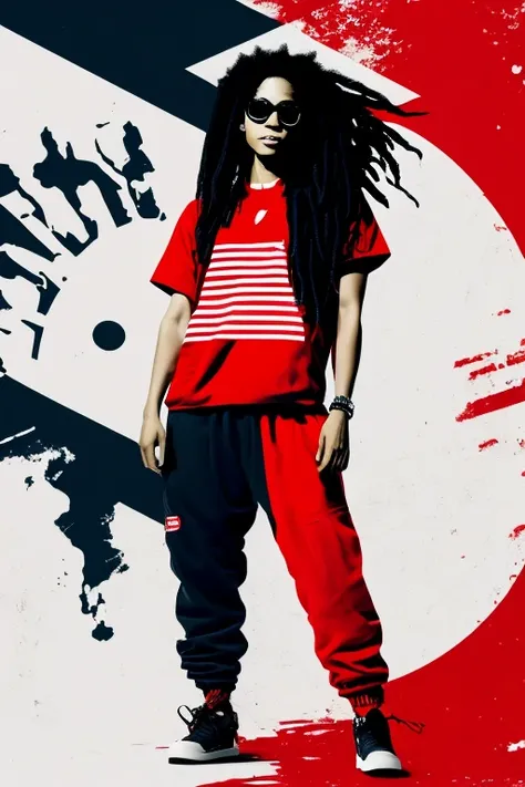 A background filled with Japanese flag in various sizes and colors、
Creative logo illustration of a silhouette with dreadlocks and red headphones, 
Banksy、
A background completely filled with scattered musical notes in various sizes and colors, covering th...