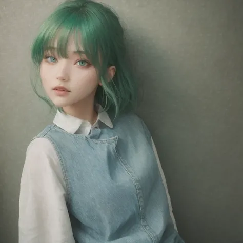 1girl, Green,Hair, eyes, Rok, Denim