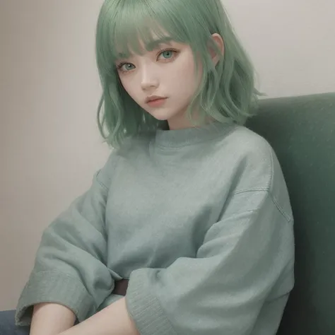 1girl, Green,Hair, eyes, Rok, Denim