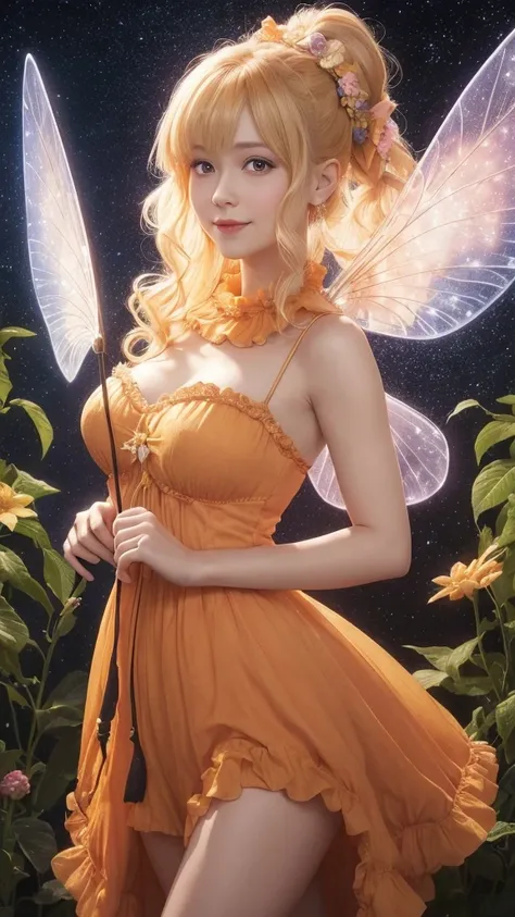 A beautiful flower fairy with orange dress and blonde pigtails hair,holding a starry wand. She has transparent, colorful wings and a gentle smile, facing the viewer directly. 
The background is a night garden filled with colorful flowers, depicted in roman...