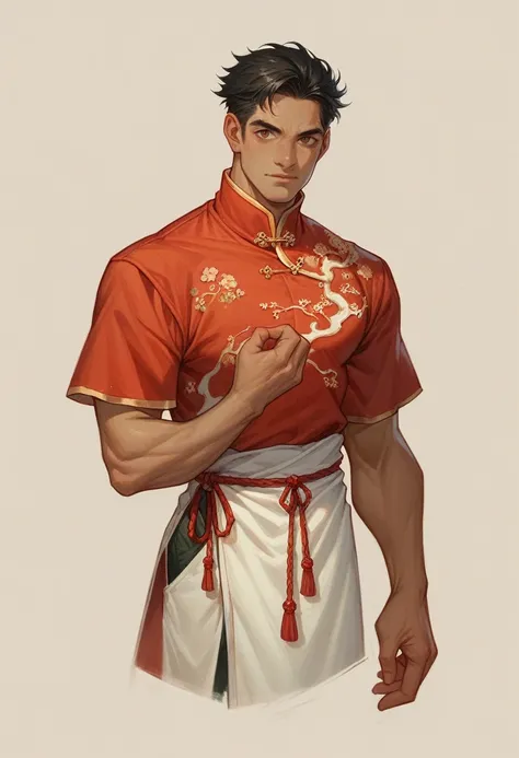 Lung Shen is a muscular, athletic god with dark hair and brown eyes.. He has tanned skin and a look inspired by the legendary actor and fighter Bruce Lee., wearing traditional Chinese clothes.