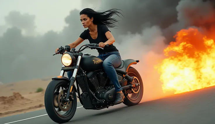 A black haired woman is on a motorcycle. She is wearing jeans and a black t-shirt.. The motorcycle is being driven on asphalt and there is smoke and flames coming out of the rear wheels.