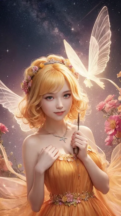 A beautiful flower fairy with orange dress and blonde hairband hair,holding a starry wand. She has transparent, colorful wings and a gentle smile, facing the viewer directly. 
The background is a night garden filled with colorful flowers, depicted in roman...