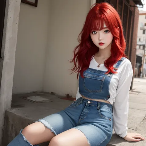 1girl, Red, Hair, eyes, Rok, Denim