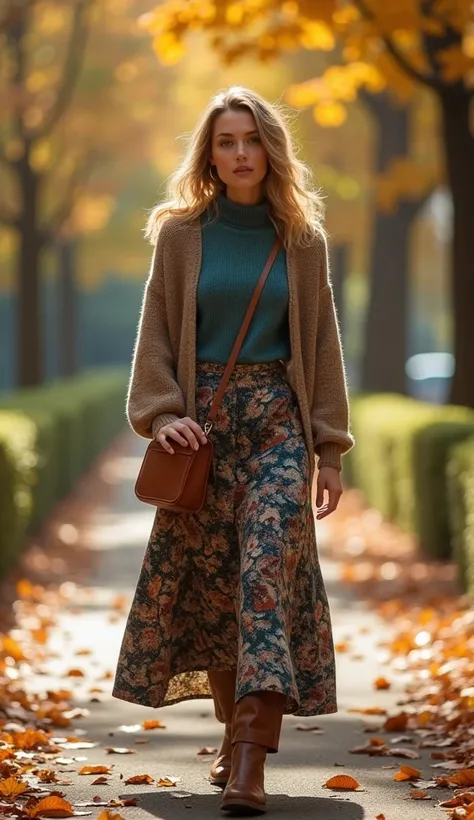 /imagine prompt: Fashion-forward individual showcasing fall outfit on leaf-strewn walkway, mix of textures with knit top and patterned skirt, accessorized with leather crossbody bag, lifestyle photography, dappled sunlight through foliage, warm earth tones...