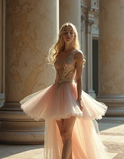 Beautiful ballerina, blonde, stands at the column of the palace