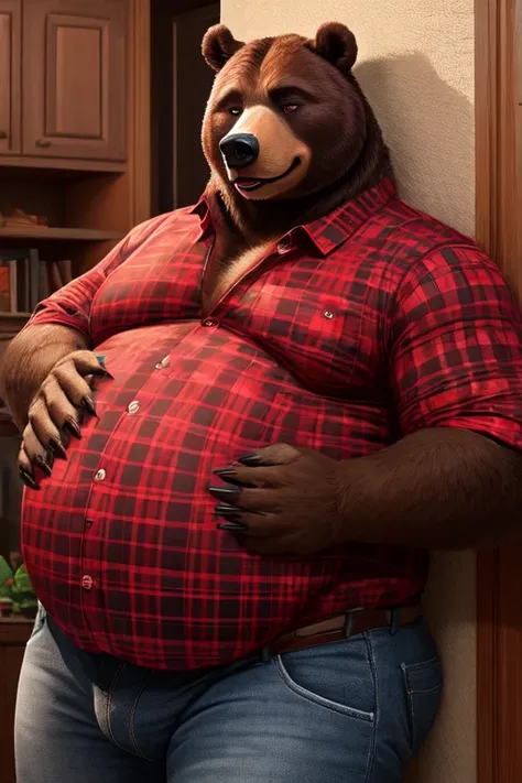 CyberRealistic, Ultra-realistic, 4k, professional photo, male, hot, anthro bear, grizzly, fat, big round belly, fat belly, wearing red and black checkered shirt, shirt over belly, jeans, paw on belly