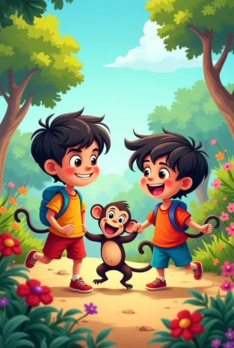 Here’s the cartoon image inspired by the poem! Its full of bright colors and playful elements, capturing the joy of Chunnu, Muniya, and their mischievous monkey friend. Perfect for kids!