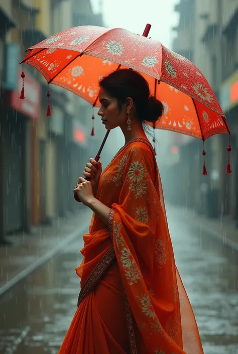 Girl saree look with rain umbrella 