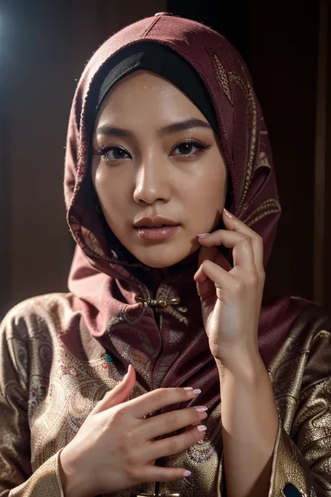 (Hyperrealistic), (Chinese Muslim Female) 8K, 35mm, Hyper-high detail, Professional lighting, Best quality, Ultra-high resolution, Visually stunning, (1 Chinese female: 1.3), (Long hijab and long pattern Abaya), beautiful fingers with dark pink nail polish...